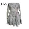 Evening Wear Short Dress Deep V Neck Sequin See-through Mesh A-line Mini Women Long Lantern Sleeves Prom Cocktail Party Sparkling Bead Embellished