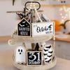 New 6Pcs Halloween Tiered Tray Decor Set Cute Wooden Black Orange Tray Wooden Sign Ghost Wooden Halloween Theme Party Home Decor