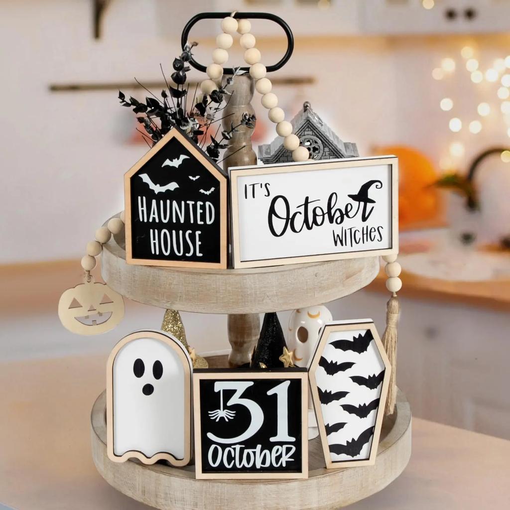 New 6Pcs Halloween Tiered Tray Decor Set Cute Wooden Black Orange Tray Wooden Sign Ghost Wooden Halloween Theme Party Home Decor