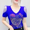 Streetwear Girl Chic Summer T-shirt Fashion Sexy Slim Women Flower Heart Tops Shiny Rose Hot Diamonds Design Tees