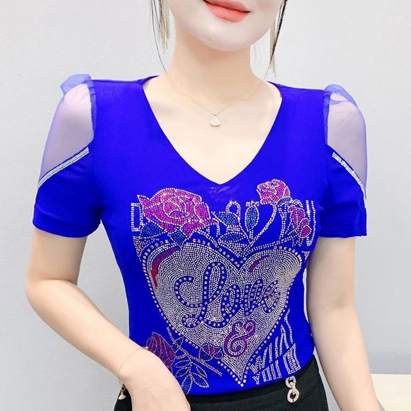 Streetwear Girl Chic Summer T-shirt Fashion Sexy Slim Women Flower Heart Tops Shiny Rose Hot Diamonds Design Tees