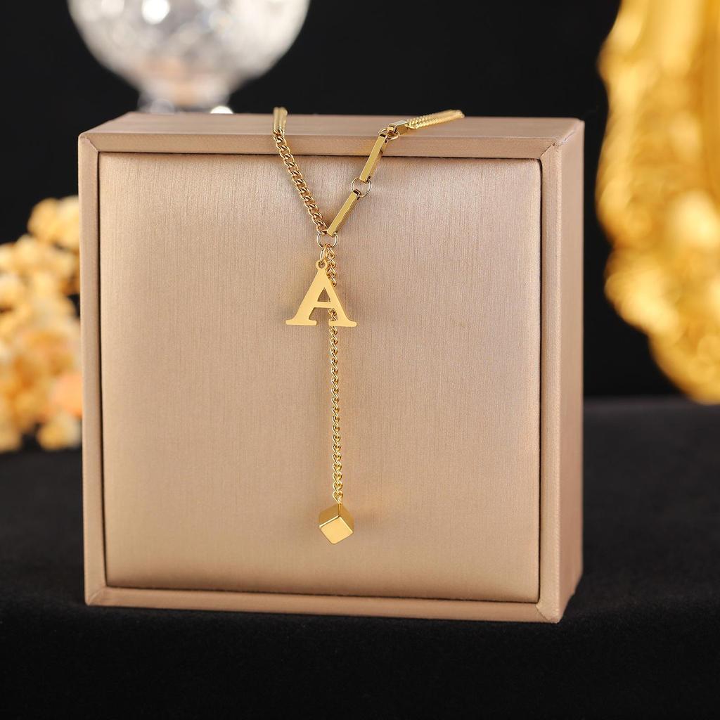Minimalist Stainless Steel Tassel Necklace with 26-Letter Square Pendant