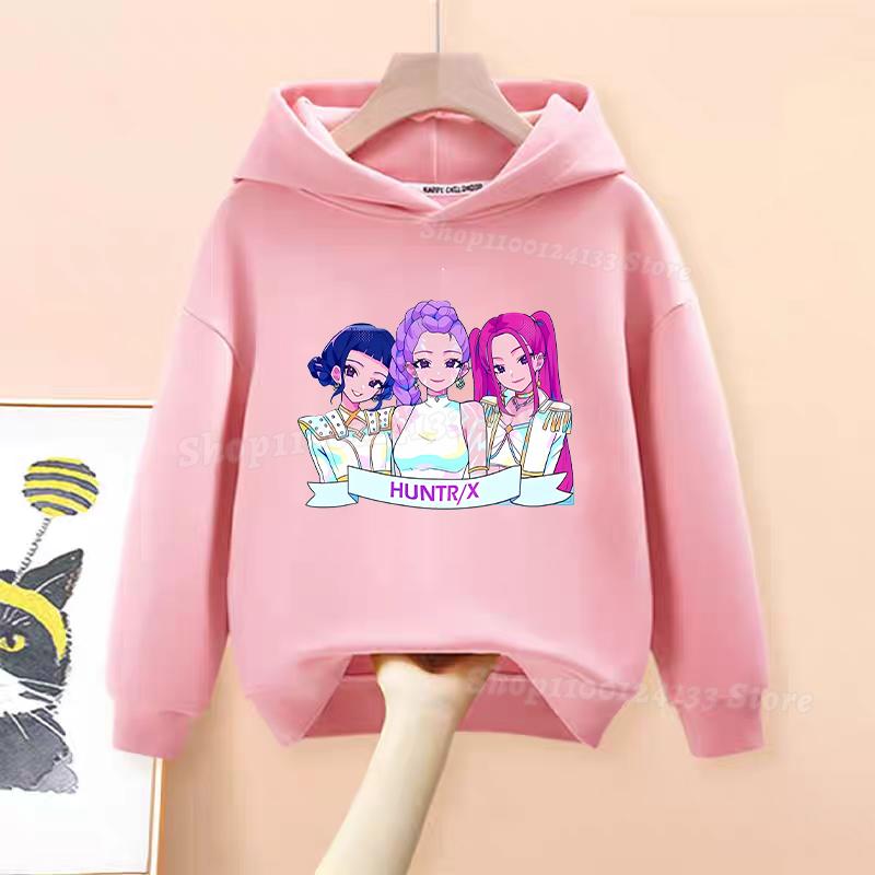 Demone Hunter Girl's Pink Hooded Streetwear Autumn Cute Anime Baby Pullover Kids Y2K Kawaii Long Sleeved T-shirt Casual Clothes
