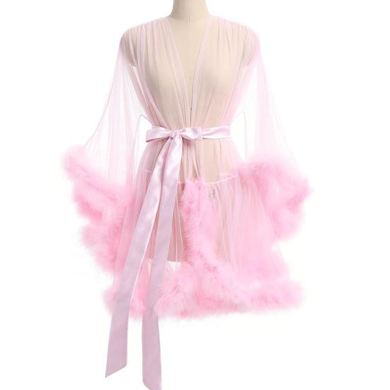 Dámská noční košile s plyšovým lemem Ultra tenký průsvitný volán ze síťoviny s nastavitelným zavazováním v pase Jednobarevné skládané Slutty Pyžamové oblečení na párty