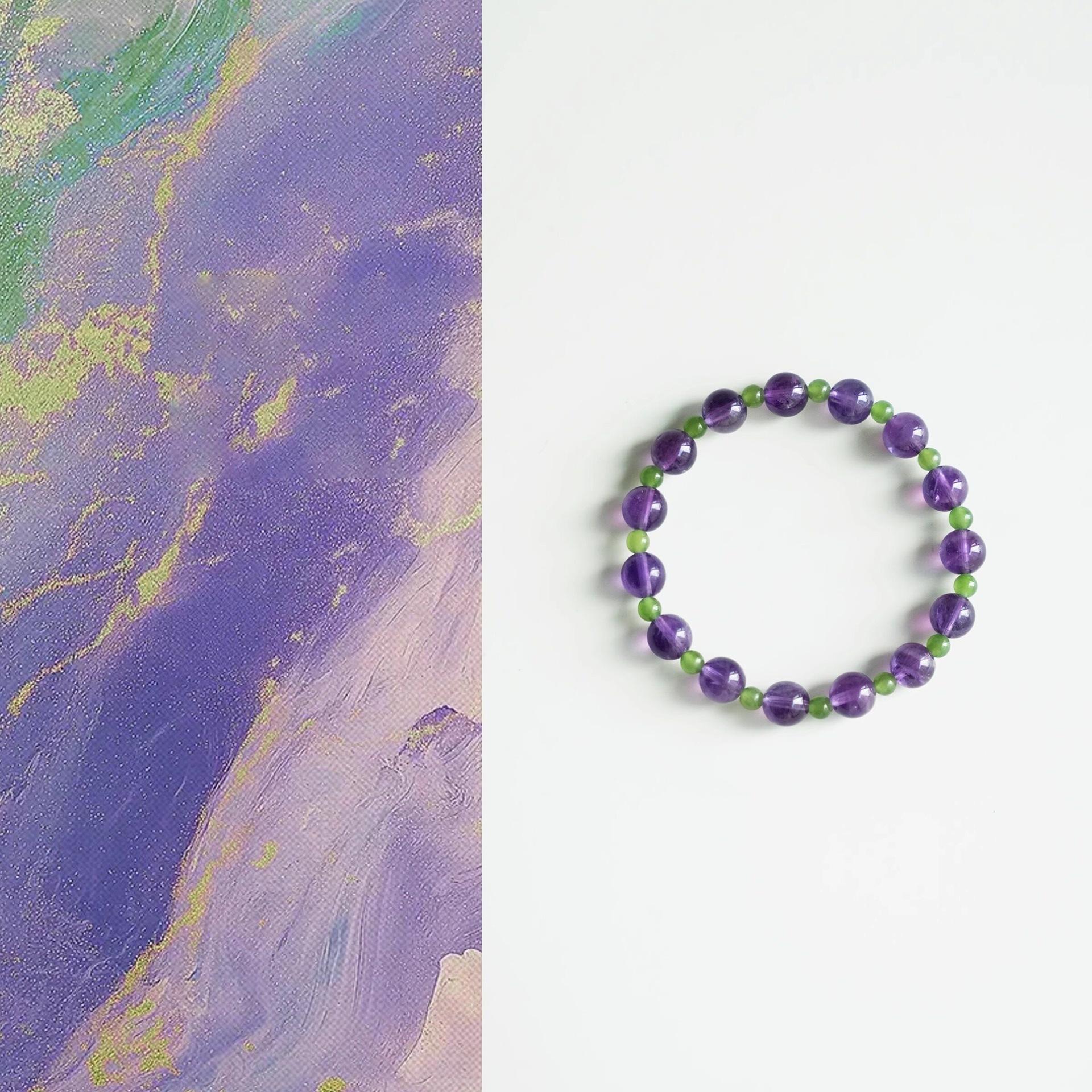 

QIANTAO Qingshan Original Good Luck Career Natural Amethyst and Hetian Jade Bracelet for Girls Gift 15-16cm Fits wrist size