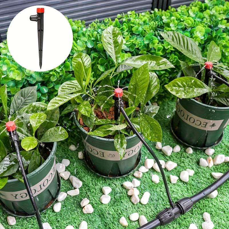 50pcs Adjustable 360° Drip Emitters with Stakes for 1/4 Inch Irrigation Tubing Garden Lawn Potted Plants Watering System