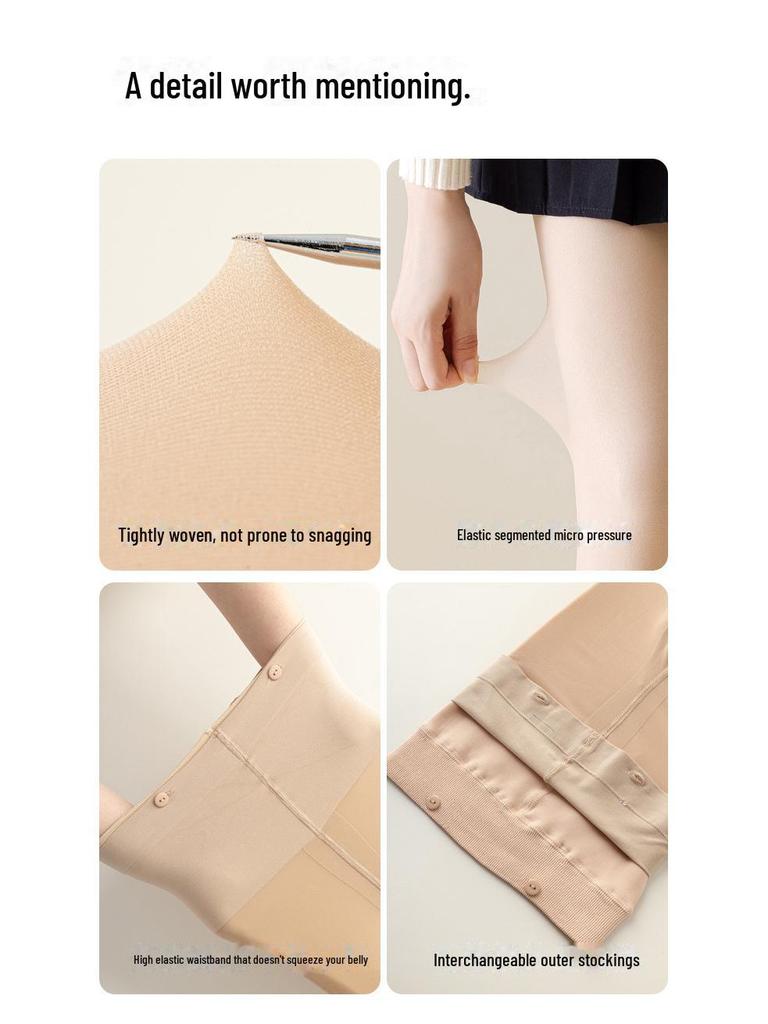 Women's Nude Double-Layer Button Pantyhose with Removable Velvet Lining - Thick Flesh-Colored Tights for Autumn and Winter