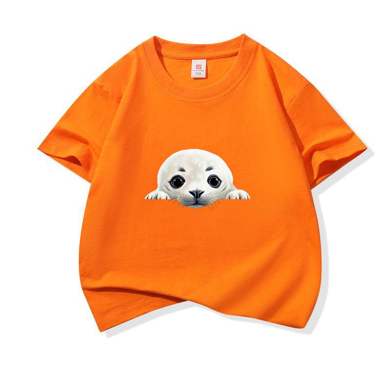 Kids Cotton T Shirt Cute Peeking Seal Print Crew Neck Short Sleeve Tee Casual Breathable Boys Girls Summer Tops
