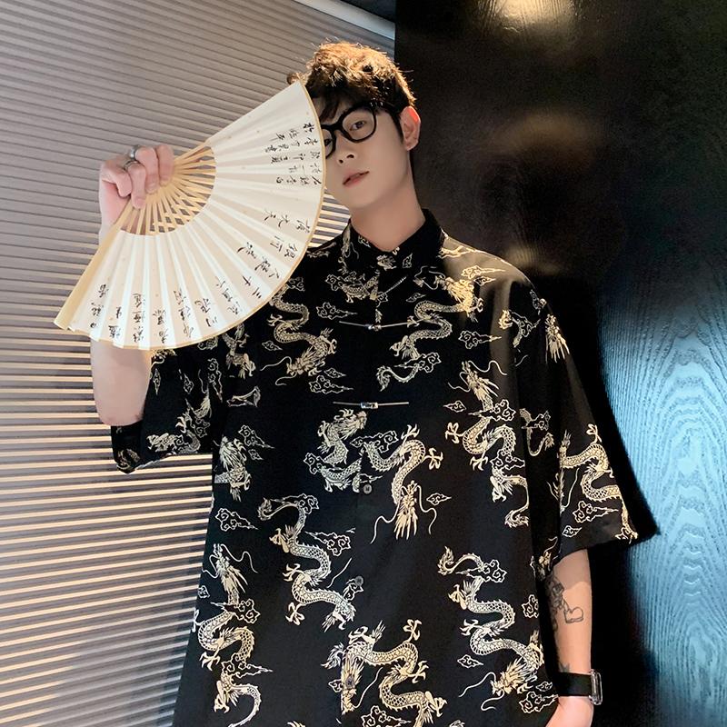 2024 Summer Chinese Traditional Dress High Quality Dragon Embroidery Shirt Men Ice Silk Short Sleeve Shirts Red Chinese Style Shirts