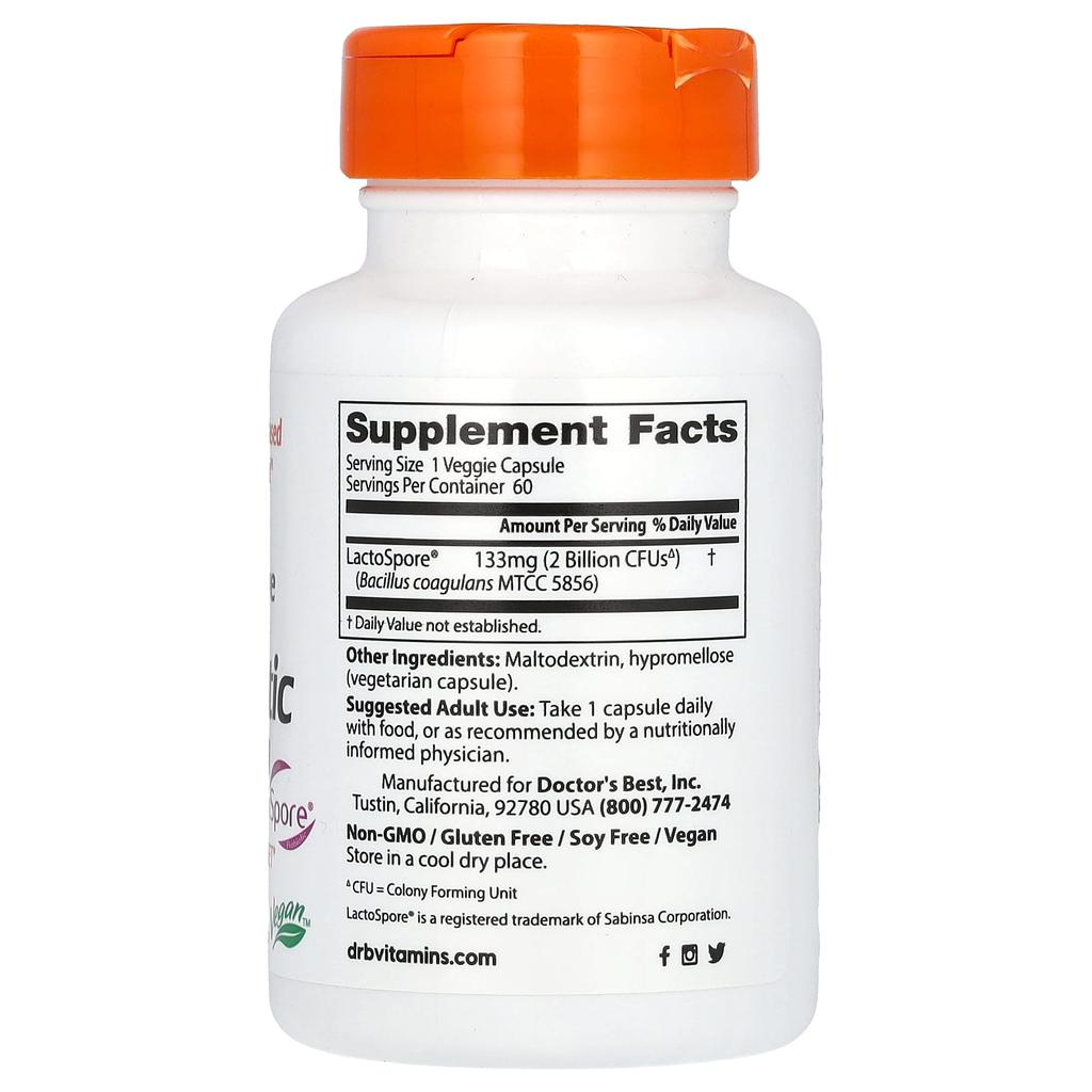 Doctor's Best Fordøyelseshelse, 2 milliarder probiotika med laktosporer, 2 milliarder, 60 vegetariske kapsler