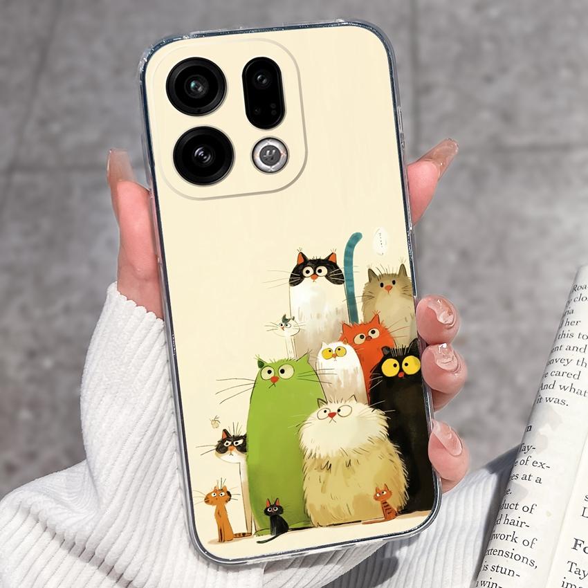For Oppo Find X9 X8 X7 X5 Pro X2 Lite Reno8 Pro Pro+ Phone Case Black Cat Wine Glass Patterns Transparent TPU Protection Covers For Oppo Bumper Casing