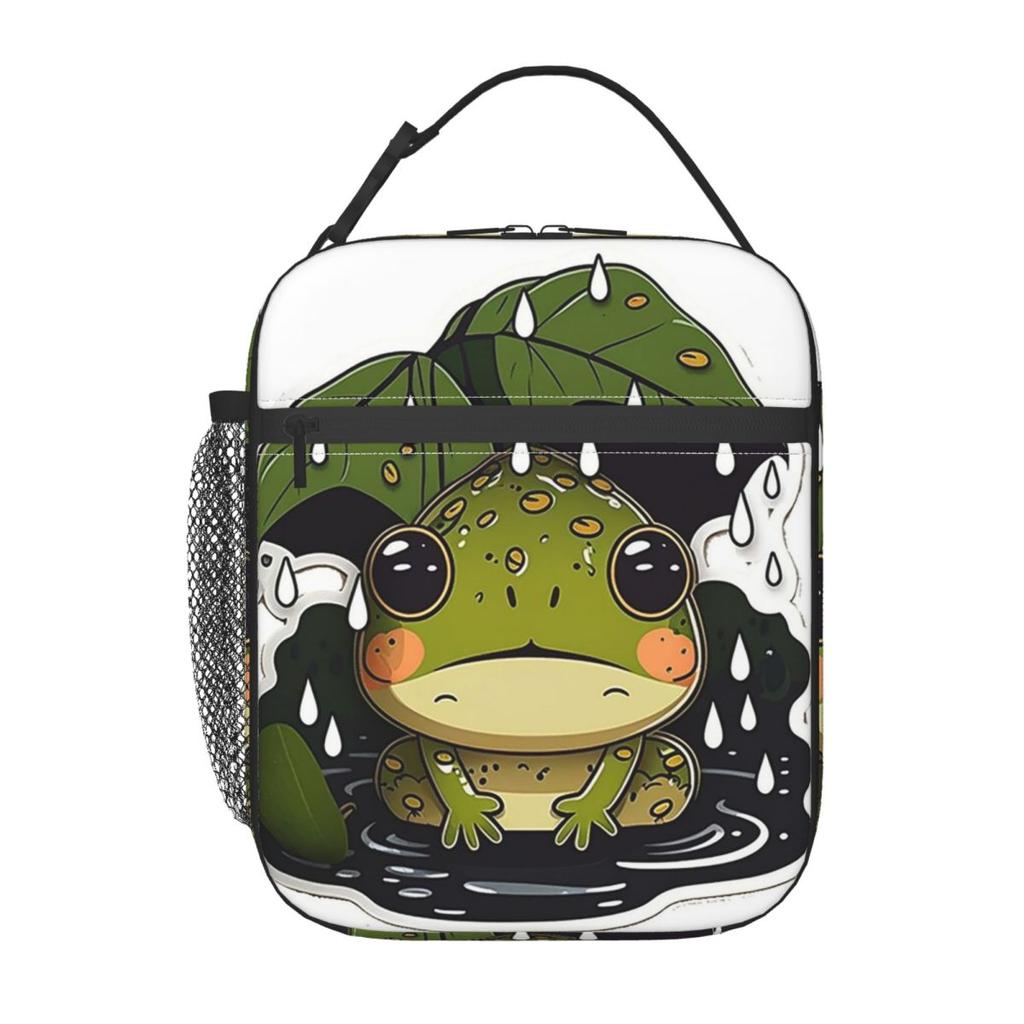 Bolsa de Almuerzo Térmica con Rana Linda Bajo Hoja y Lluvia para Niños, Nevera Escolar, Contenedor de Comida Térmico, Bolsa de Tote, Contenedores de Lonchera a Prueba de Fugas