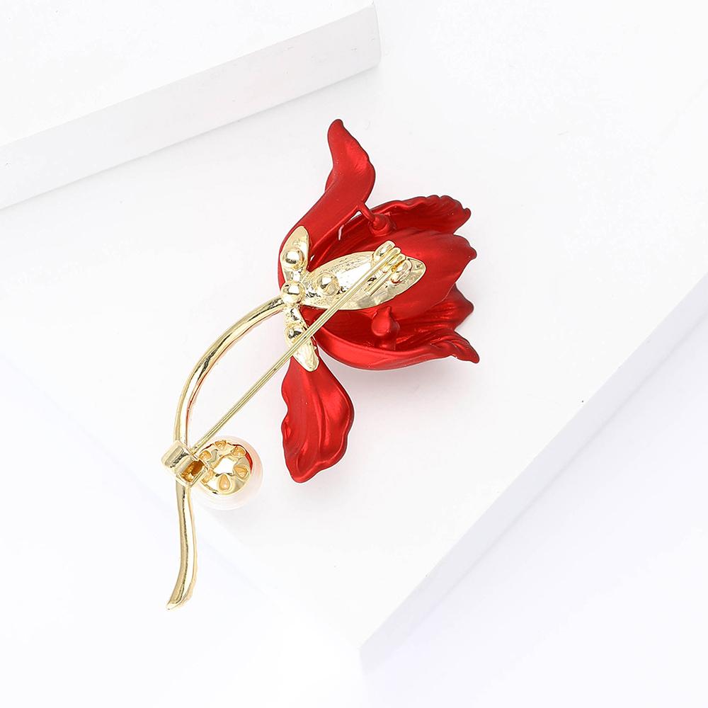 Red Rose Flower Brooch Pin Vintage Gold Tone Jewelry Crystal Rhinestone Brooches
