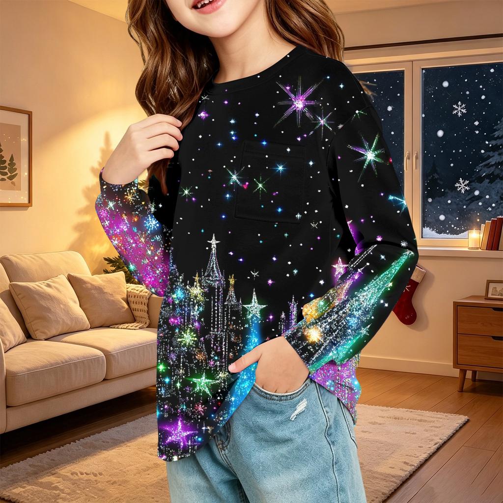 Kids Fashion Christmas Long Sleeve Neck Top with Pocket, Holiday Print Shirt for Boys and Girls