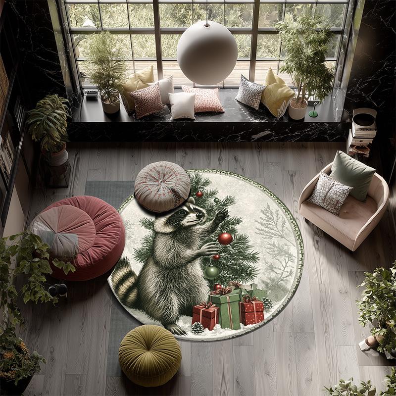 Vintage Raccoon,Round Area Rug,Carpet Rug for Living Room Bedroom Sofa Playroom Decor,Non-slip Floor Mat
