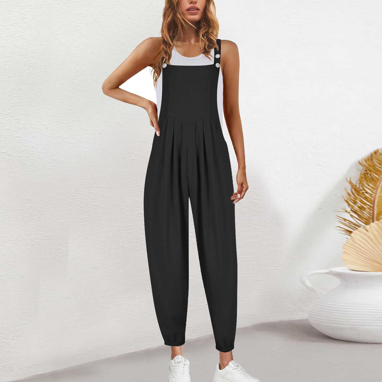 

Женские весенне-осенние комбинезоны с регулируемым ремешком, винтажные однотонные брюки без рукавов с карманами XL чёрный