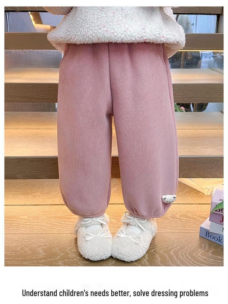 Meng Tang Tang Girls' Plus Velvet Cartoon Pants - Stylish Winter Wear for Kids