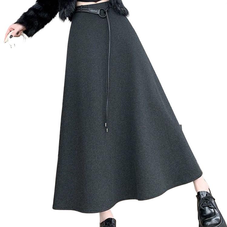 Women's Gray Velvet Woolen A-Line Skirt: Elastic Waist, Warm Half-Length Winter Style with Wide Hem