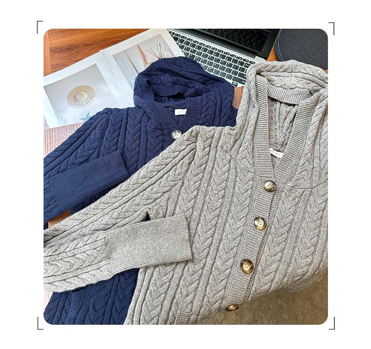 Navy Blue Fluffy Hooded Cable Knit Cardigan for Women – 2026 Autumn Collection