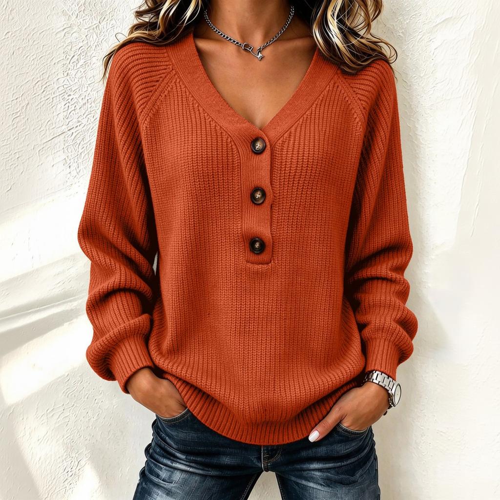 Damen Freizeit V-Ausschnitt Knopfleiste Langarm Pullover für Herbst Winter Alltagsmode