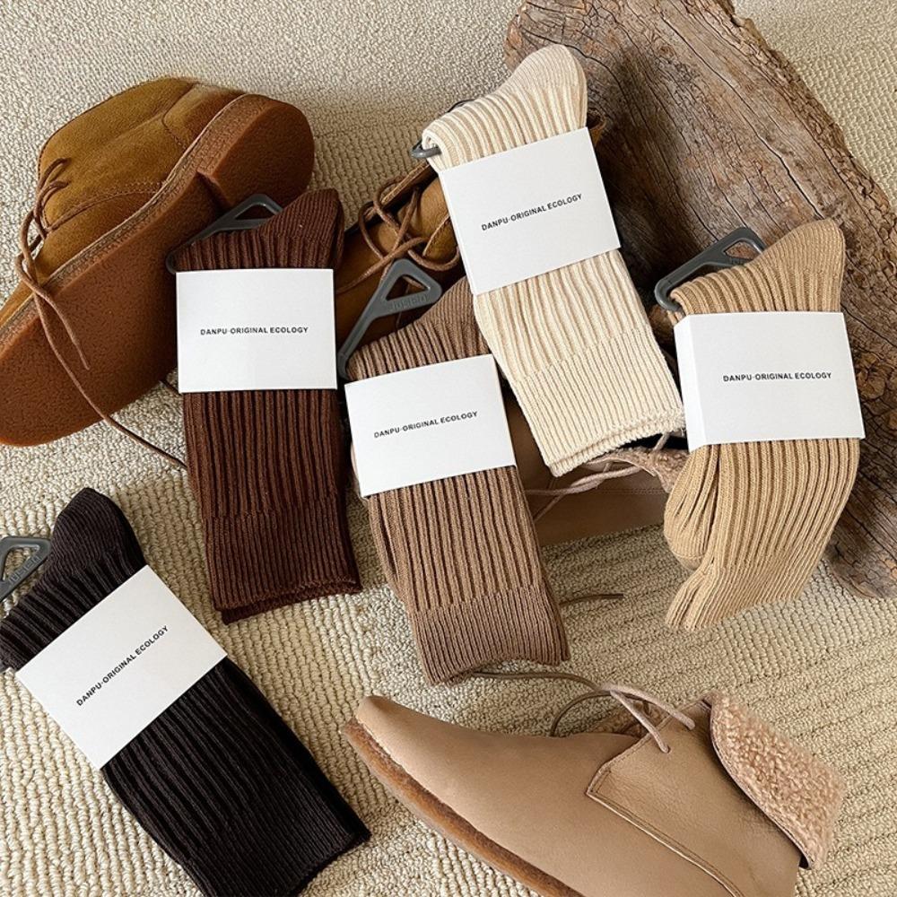Thick Line Socks, Women's Medium Tube Socks, Autumn and Winter Coffee Color Stacked Long Tube Solid Color Long Wool Socks