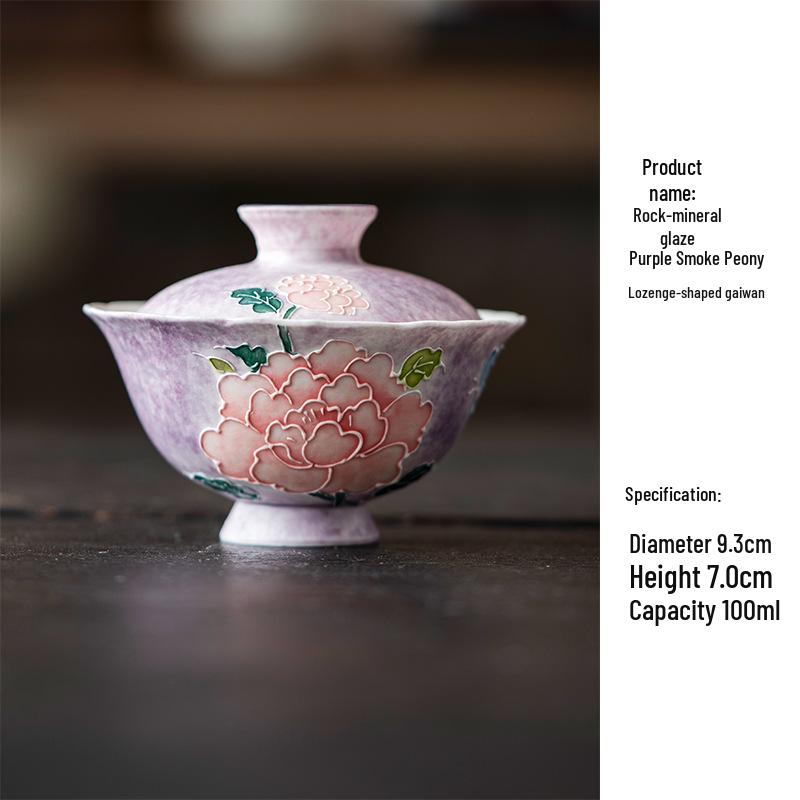 Hand-painted Peony Ceramic Tea Set: Purple Smoke Teapot, Lid Bowl, Master Cup, Tasting Cup, Pot Stand, Cup Mat, Coffee Cup