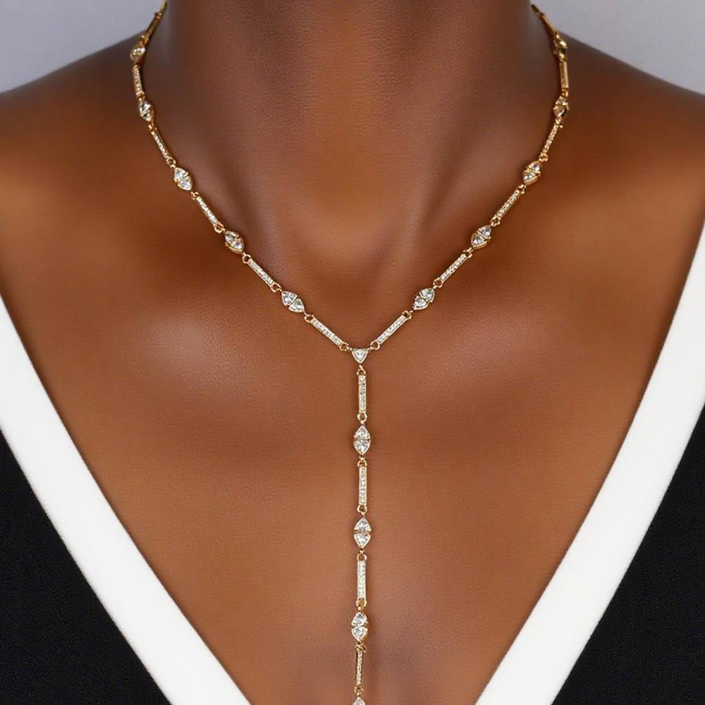 2025 Summer Sexy Women Jewelry Gold Plated Geometric CZ Paved Bar Triangle Stone Y Lariat Charm Necklace Bracelet Set