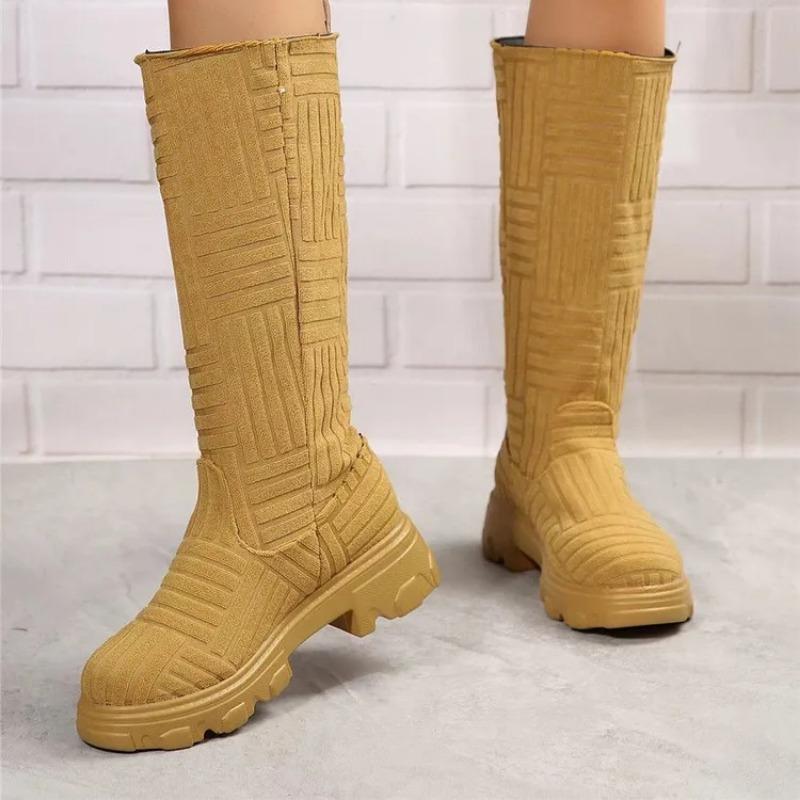 Chic Women Long Boots Brand Design Terry Cloth Knee-high Booties Ladies Thick Sole Pink Green Botas Tone To Tone
