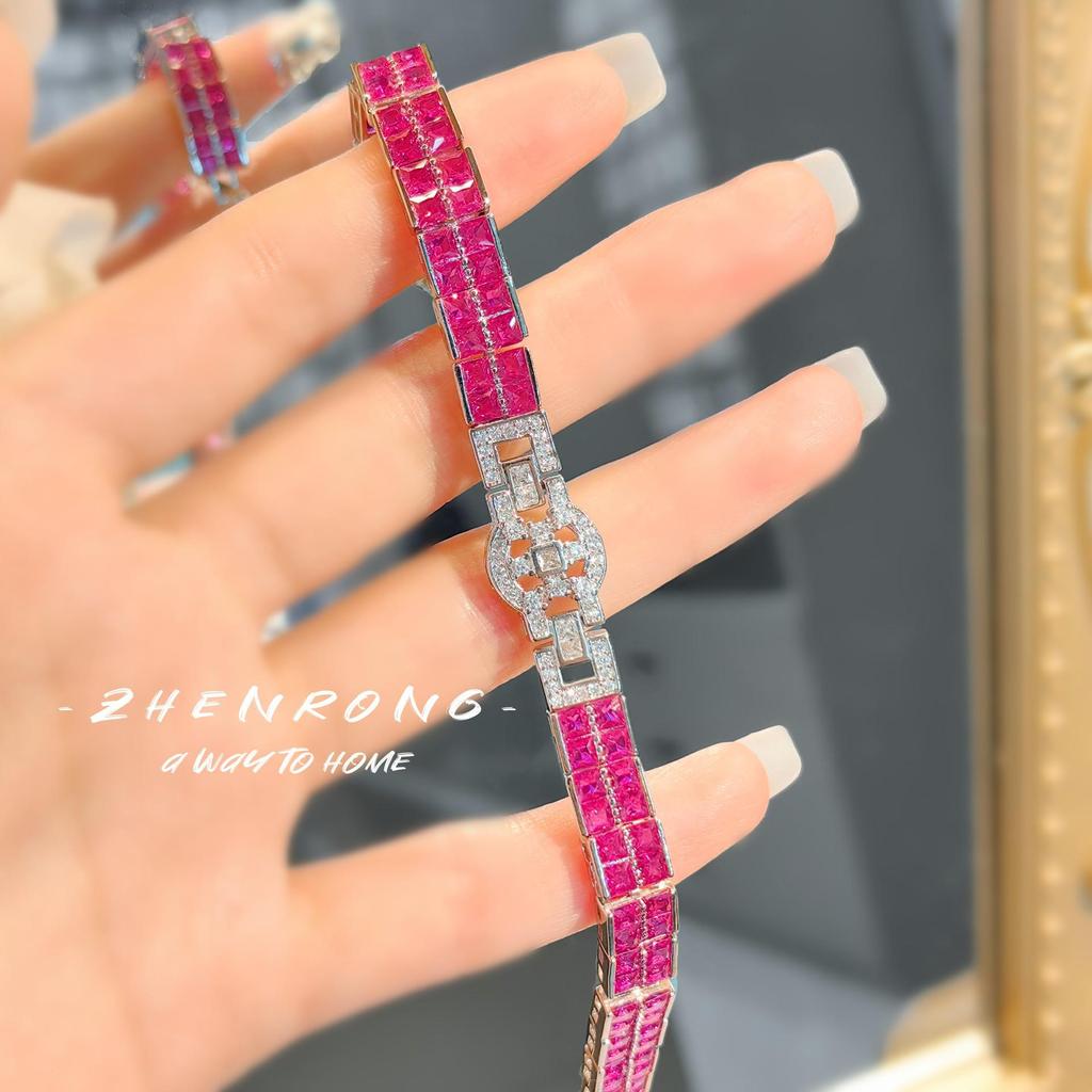 Artdeco Red Corundum & Diamond T-Bar Double Row Bracelet