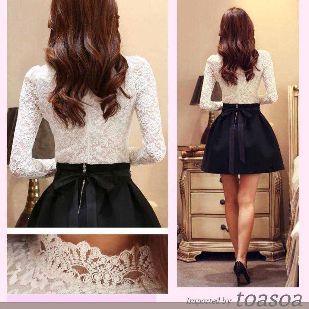 Lace Top High Neck Floral Long Innerwear [toasoa] Women's Blouse, Shirt, See-Through, Formal, Elegant, Print, Stand-Up Collar, Stretch, Sleeves,