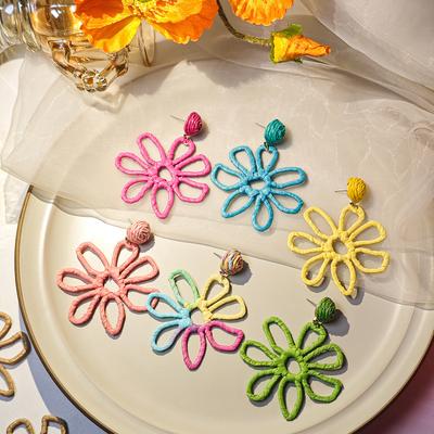Straw Exaggerated Dopamine Flower Hand-Woven Earrings Holiday Seaside Fresh Fashion Ear Jewelry