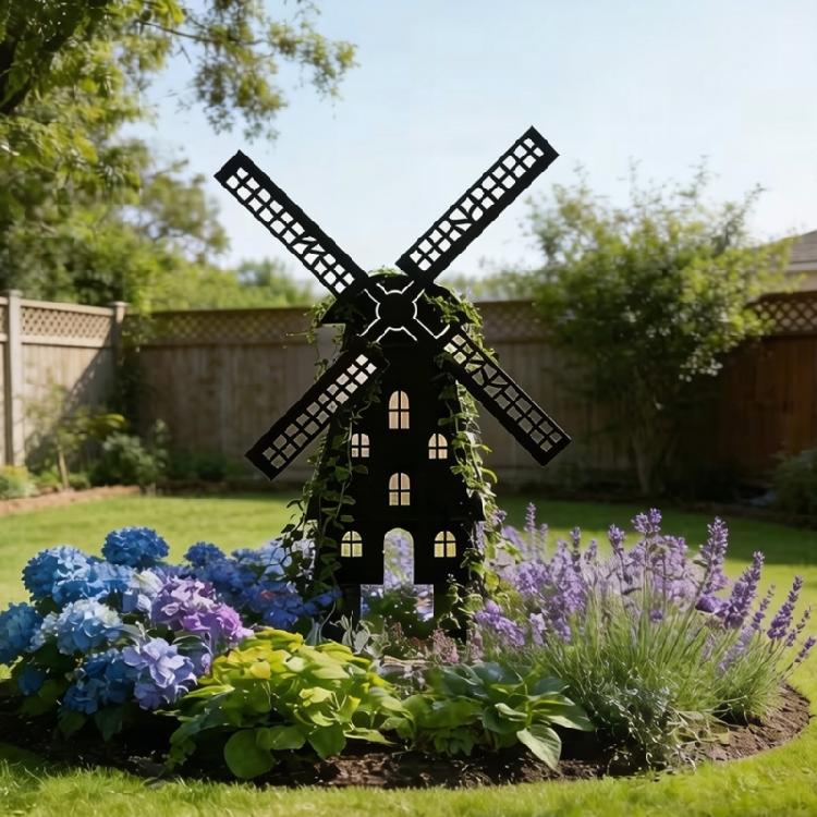 Balcony Pot Display Metal Garden Stake Plaque, Black Mill House Shape Yard Accent with Two Prongs for Flower Section Edges and Outdoor Placement