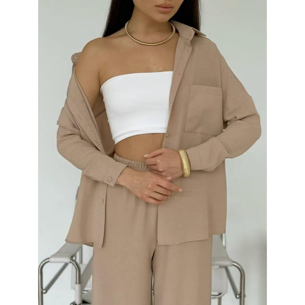 Women's Lapel Pocket Long Sleeve Button Down Shirt And Elastic Waist Wide Leg Pants Two Piece Casual Tracksuit