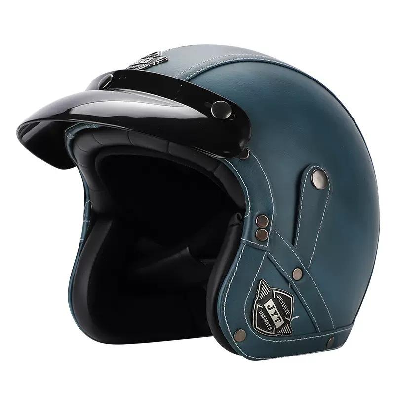 3C Vintage 3/4 Half Helmet Electric Motorcycle Summer Pedal Cruise Locomotive Leather Helmet Men and Women