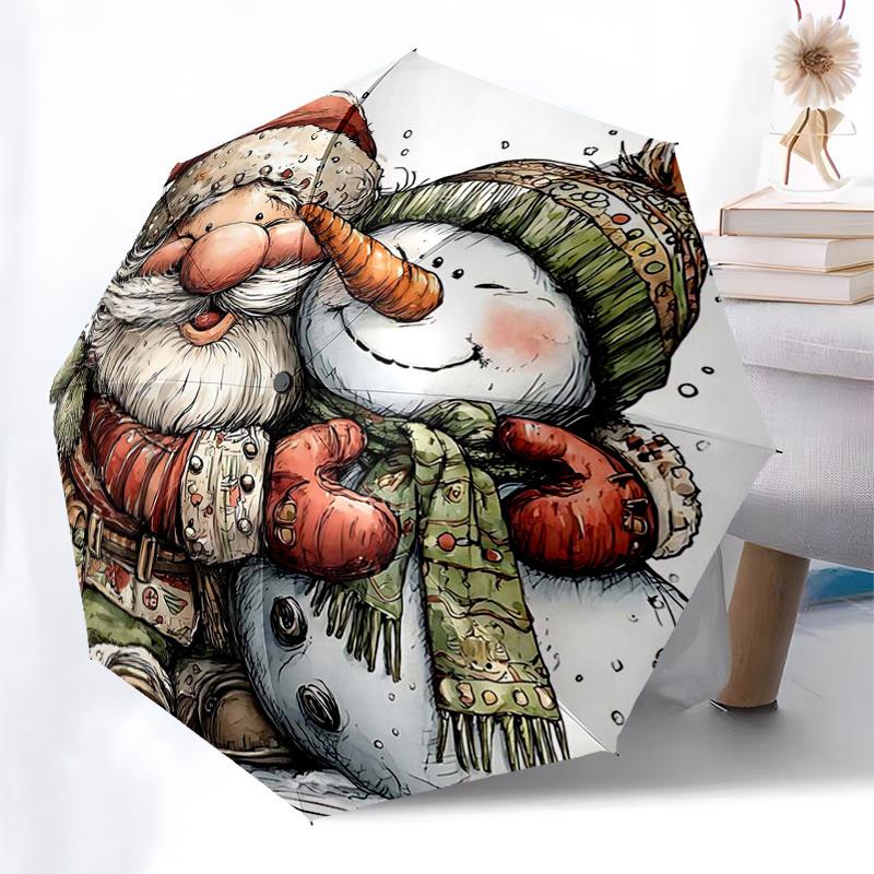 

1pc Christmas Snowman & Santa Claus Automatic Opening/Closing Umbrella, Festive Gift for Fans, Travelers, Daily Use, Lightweight 3-Fold Design with Ir
