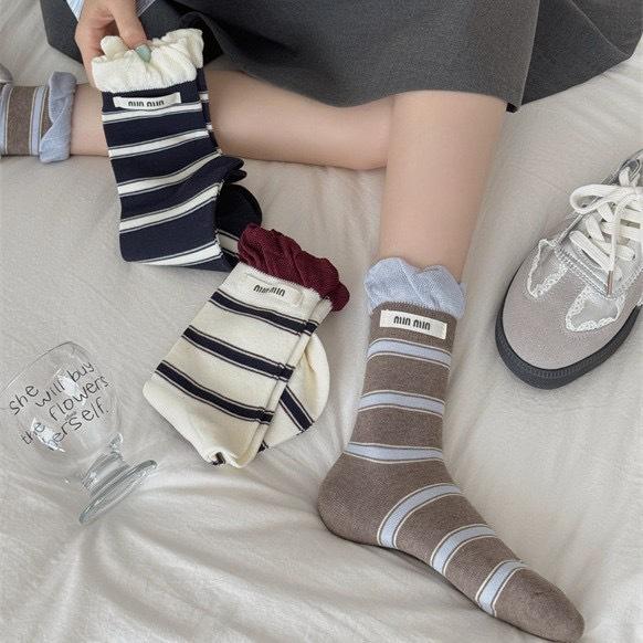 Boneless Striped Socks Women'S Contrast Color Double Luo Mouth Letter Cloth Label Mid-Tube Socks Cotton Sweat-Absorbing Breathable Pile Socks