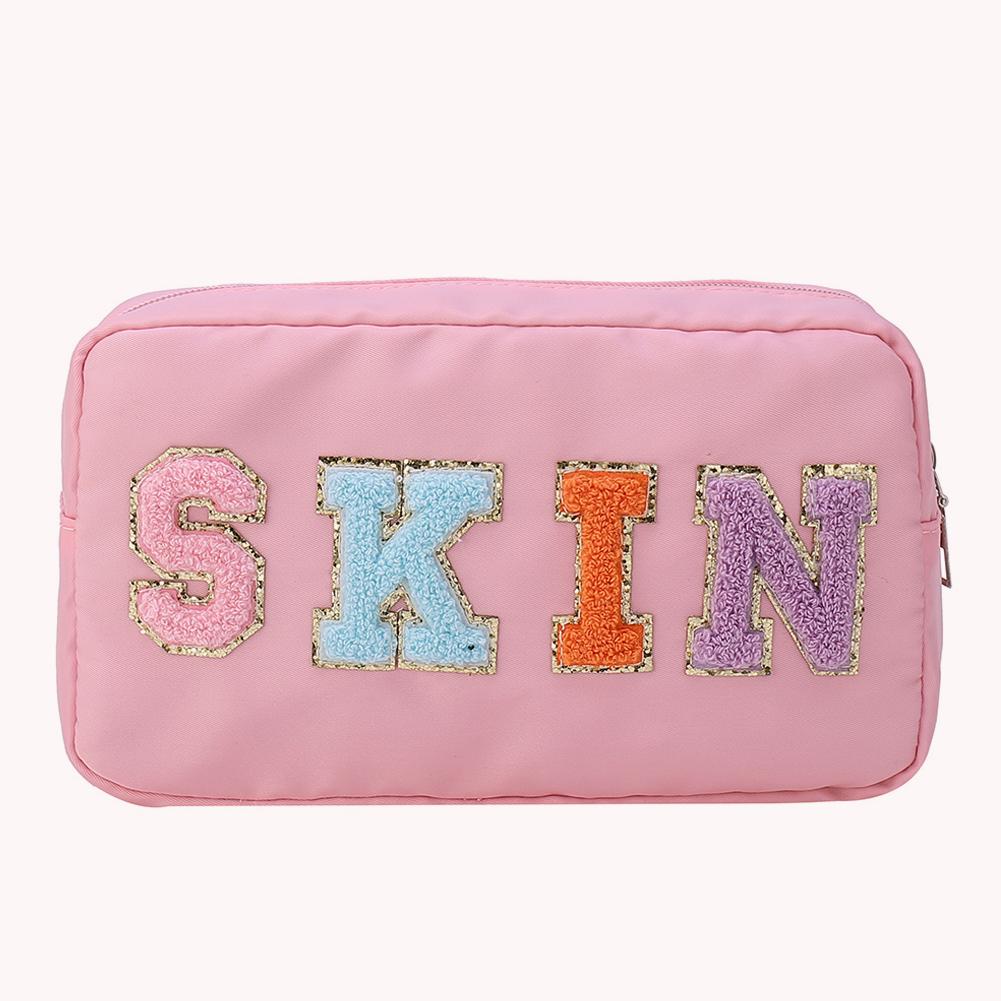 Casual Toiletry Bag Embroidery Letter Patch Travel Organizer Portable Zipper Female Cosmetic Bag Waterproof Nylon for Lady Girls