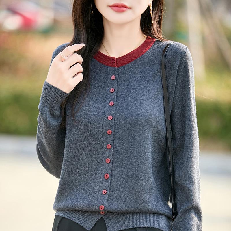 Round Neck Color Block Knit Cardigan - Women's Short Sweater for Spring & Autumn
