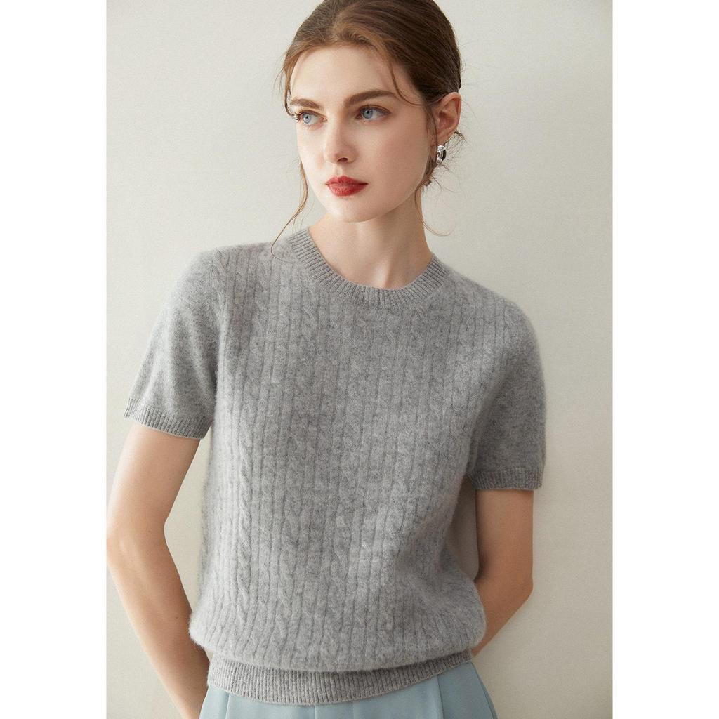 Women's Pure Cashmere Short Sleeve Round Neck Cable Knit Sweater