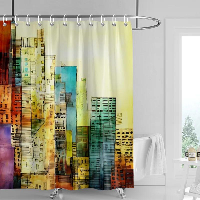 Colorful Cityscape Shower Curtain - Vibrant Skyline Waterproof with Grommets, Modern Bathroom Decor W90xH180cm