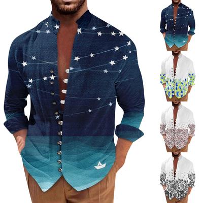 Camisa de Hombre Retro Casual de Corte Holgado de Manga Larga Estampada Moda Top de Cuello Mao