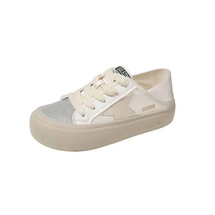 Leather thick-soled stars two wear casual little white shoes women's 2025 new satin-faced lazy people step on heel shoes soft-soled shoes