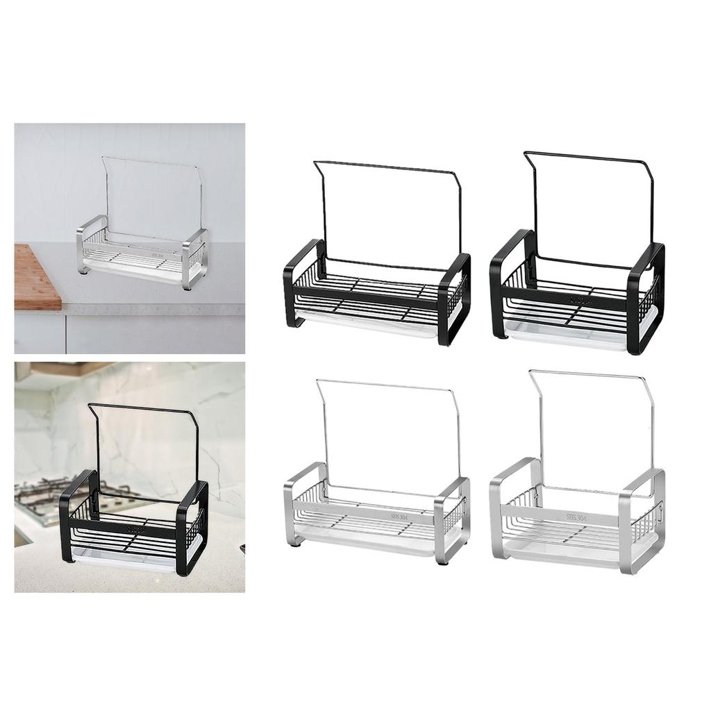 Kitchen Sink Sponge Holder, Dishcloth with Drain Tray ,Stainless Bracket Organizer Rack