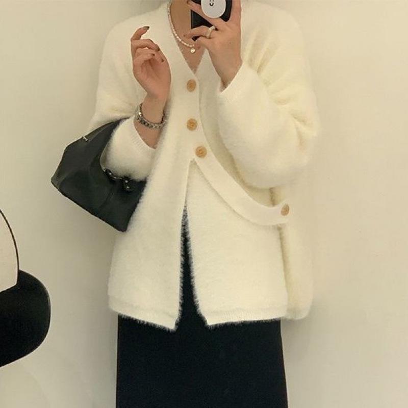 Women's Mid-Length Mink Cashmere V-Neck Cardigan Coat with Irregular Hem - Perfect for Autumn and Winter