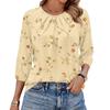 Women's Floral Print 3/4 Sleeve Round Neck Pleated Top Casual Loose Fit Blouse Lightweight Soft Fabric Shirt for Daily Wear