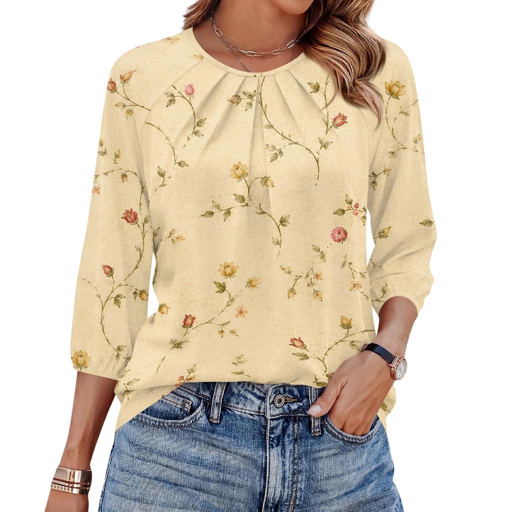 Women's Floral Print 3/4 Sleeve Round Neck Pleated Top Casual Loose Fit Blouse Lightweight Soft Fabric Shirt for Daily Wear