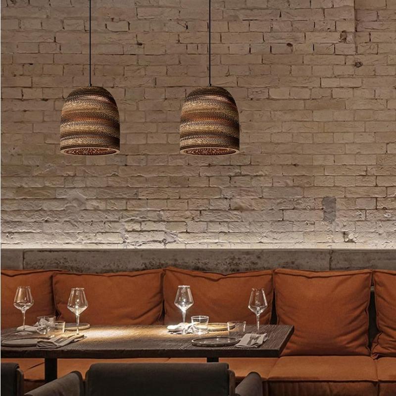 Vintage Nordic Corrugated Paper Round Shade Cord E27 Hanging Lamp Indoor Decoration Brown Pendant Light Fixture Restaurant