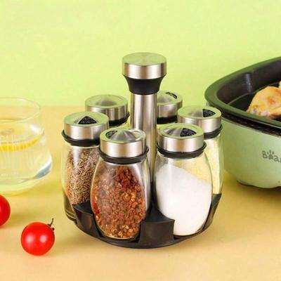 7pcs Seasoning Bottle Rotating Base Seasoning Bottle Stainless Steel Rotating Seasoning Bottle Seasoning Combination Set Seaso