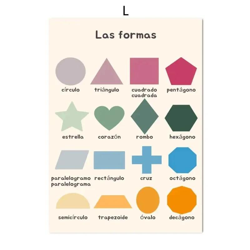 

Іспанські навчальні плакати та принти Форма Колір Число Алфавіт Час Настінне мистецтво Дитяча кімната Полотно Живопис для дитячої кімнати Cuadros 16x20inch 40x50cm