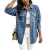 Beaded Long Lapel Oversize Blue Denim Jacket for Women